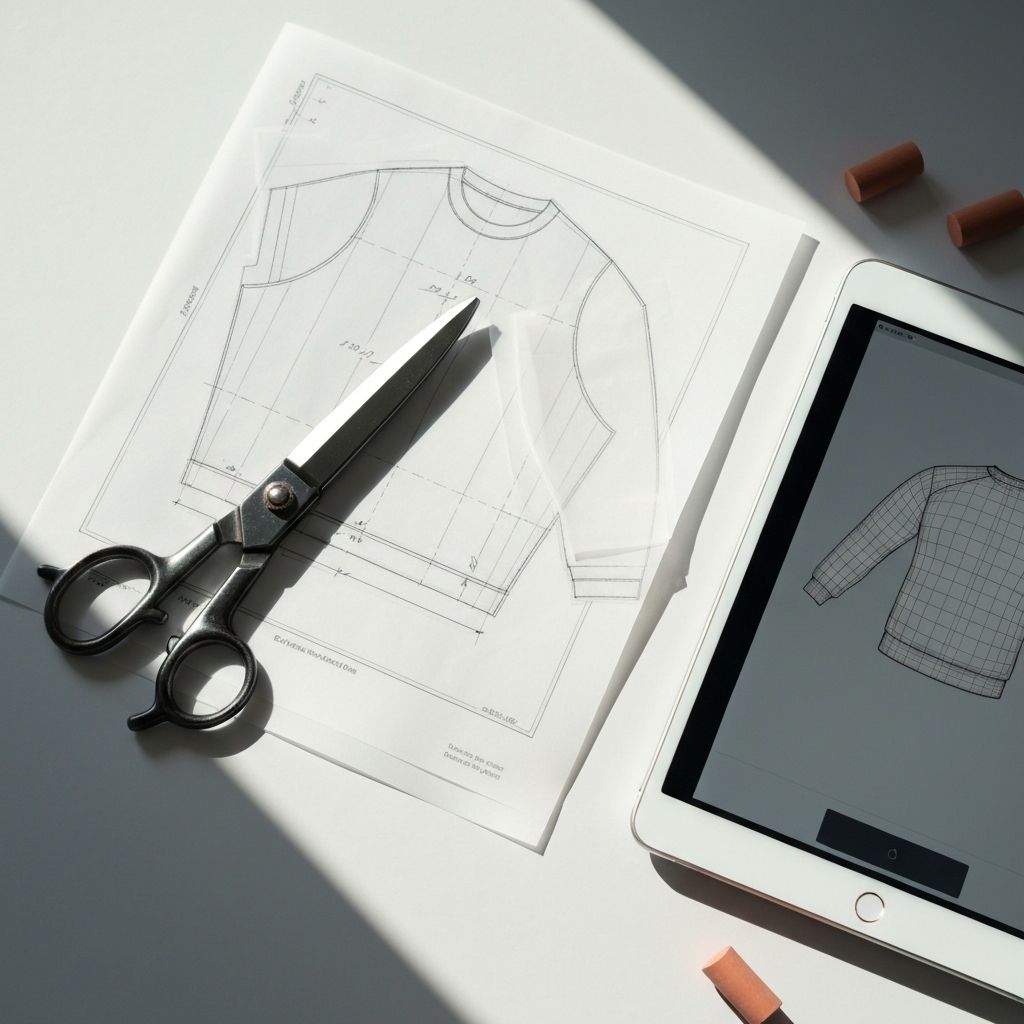 Designer workspace with tailor shears, pattern blueprint and 3D wireframe